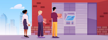 Self service locker post station in city, vector people sending parcels via delivery automat machine, shipment terminalのイラスト素材
