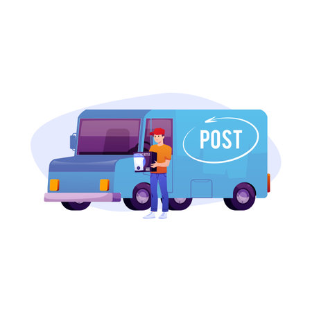 Delivery courier man carrying package with delivery truck, postal service, vector flat deliver parcel order to customerのイラスト素材