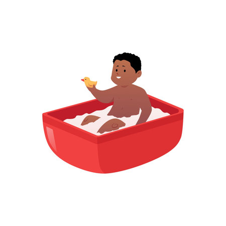 Vector illustration of a little boy, with dark skin, bathing in a bathtub.のイラスト素材