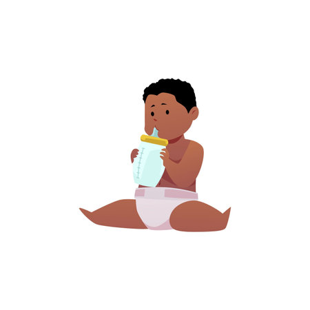 Dark-skinned little boy sitting and holding a bottle with a pacifier in his mouth, vector.のイラスト素材