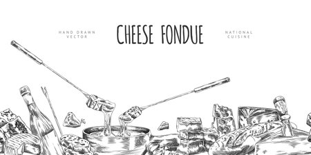 Cheese fondue engraved sketch vector banner, melted cheese with bread slice on fondue skewer and bowl, national cuisineのイラスト素材