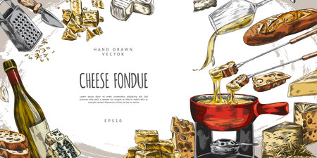 Cheese fondue sketch vector banner, hand drawn melted cheese with bread slice on fondue skewer and bowl, wine and garlicのイラスト素材