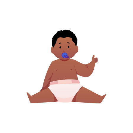 Cute little baby boy in diaper sitting with blue pacifier and showing thumbs up gesture, vector first year of infantのイラスト素材