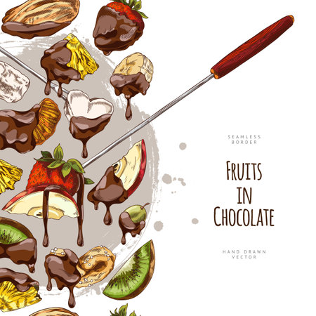 Vector watercolor sketch of fruit fondue in seamless poster side border.のイラスト素材