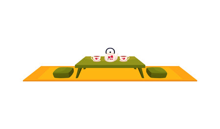 Japanese tea ceremony illustration, traditional table with pillows, teapot, cups and yellow rug.のイラスト素材