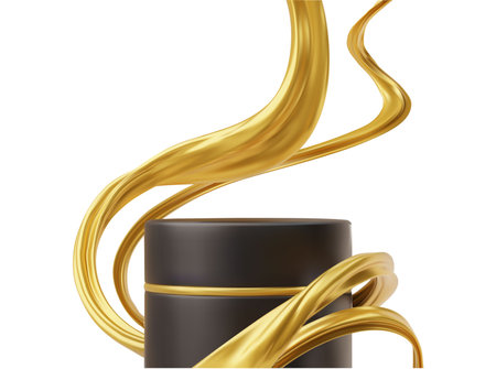 Golden twisted ribbons on black podium display product 3D vector, intertwined wave shapes on pedestal, showcase designのイラスト素材