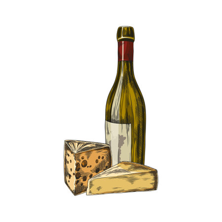 Composition of different cheeses with bottle of wine vector sketch, emmental and gruyere pieces hand drawn illustrationのイラスト素材