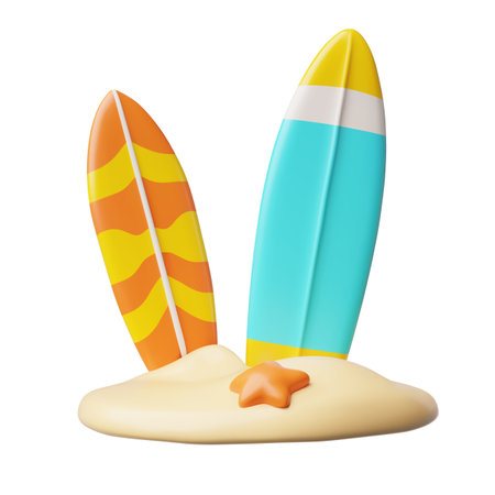 3D illustration of two surfboards stuck in the sand on the beach, next to a starfish.のイラスト素材