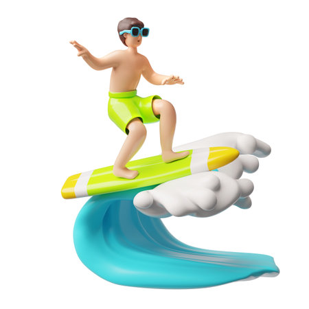Man rides a surfboard on a wave 3D plastic cartoon style vector illustration, realistic surfing activity, sport on waterのイラスト素材