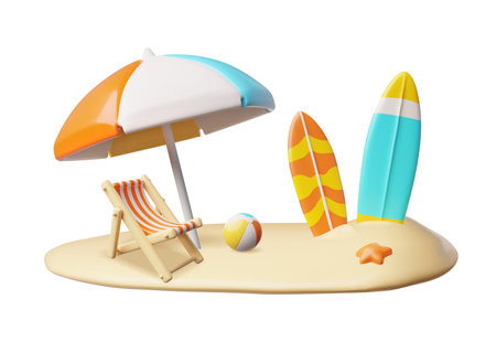 3D beach with surfboards, umbrellas, lounge chair and ball.のイラスト素材