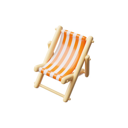 Wooden deck chair with striped fabric 3D vector icon, cartoon beach chaise longue for summer relaxing and sunbathingのイラスト素材