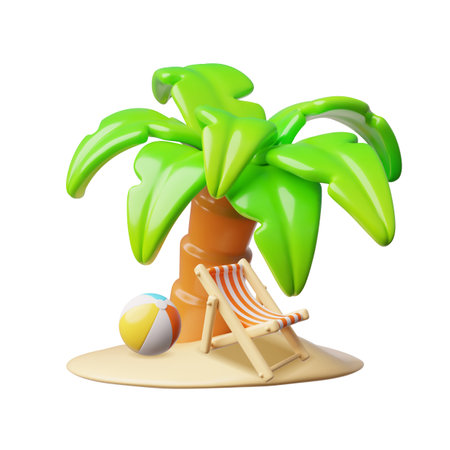 Vector 3D illustration with beach island with sand, palm tree, sun lounger and ball.のイラスト素材