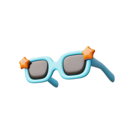 Blue sunglasses with star decoration 3D cartoon vector icon, summer kids eyewear accessory to suns...