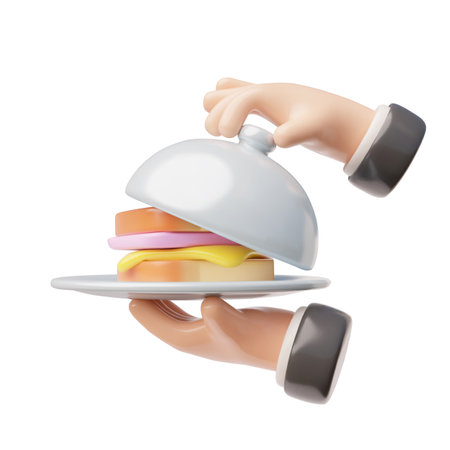 Waiter tray platter with sandwich and opening lid holding by hand 3D vector, restaurant or Cafe dish delivery serviceのイラスト素材