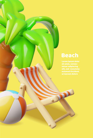 Beach chair, palm tree and inflatable ball 3D plastic style vector illustration, cartoon vacation resort, summer holidayのイラスト素材