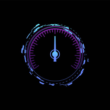 Racing car dashboard counter with arrow and neon glowing purple dial.のイラスト素材