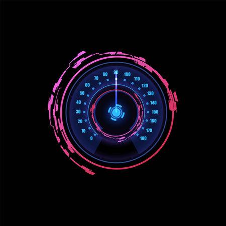 Vector illustration of car speedometer panel in neon blue and pink colors with arrow and dial.のイラスト素材