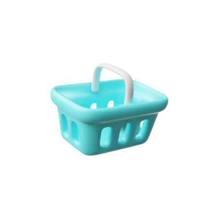 Realistic blue shopping basket 3D vector icon, empty container for purchase, volume glossy carrying handle boxのイラスト素材