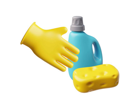 3D home and office cleaning tools, vector render collection of housekeeping equipment, detergent, sponge and glovesのイラスト素材