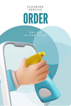 3D Hand with a sprayer comes out of the smartphone screen. Online order of cleaning services.のイラスト素材