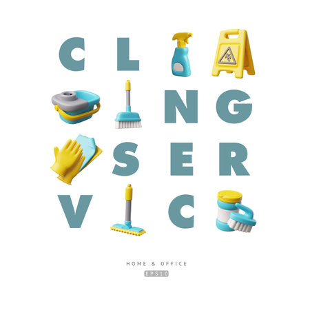 3D home and office cleaning service, vector typography vector poster design, cleaning tools and housekeeping equipmentのイラスト素材