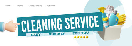 Online cleaning service advertising landing page vector 3D design, cleaning equipment, hand click order easy and quicklyのイラスト素材