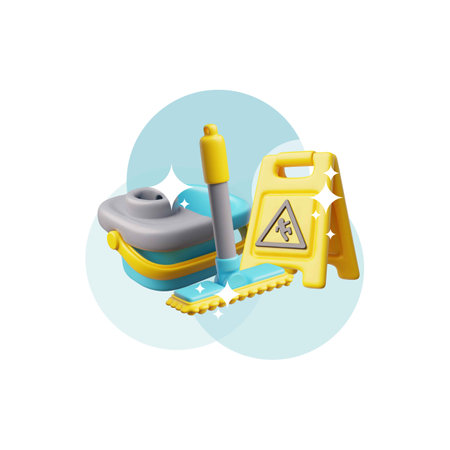 3D home and office cleaning tools, vector shiny housekeeping equipment, wet floor caution sign, bucket and mop, sparklesのイラスト素材