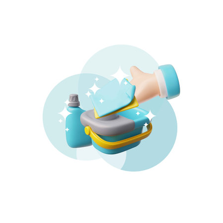 3D cleaning inventory with hand holding rag, bucket and bottle of detergent.のイラスト素材