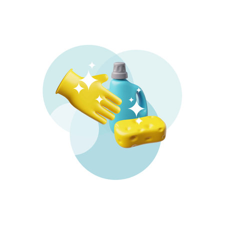 3D home and office cleaning tools, vector render shiny collection of housekeeping equipment detergent, sponge and glovesのイラスト素材