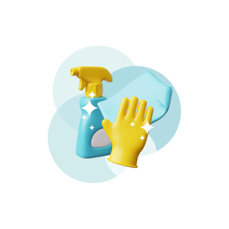 3D home and office cleaning tools, vector shiny collection of housekeeping equipment, detergent spray, gloves and ragのイラスト素材