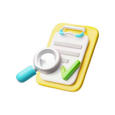 3D folder with list, green tick and magnifying glass.のイラスト素材