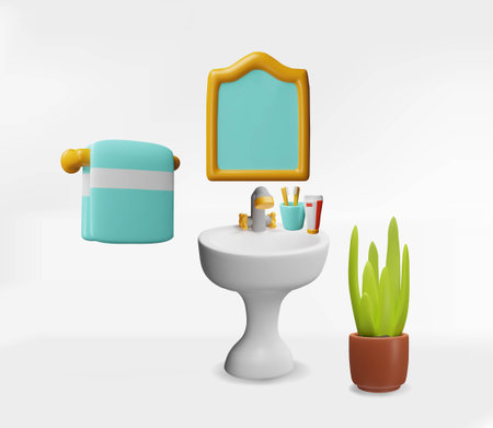 3D bathroom furniture set with sink, mirror, flower in pot and hanger with towel.のイラスト素材