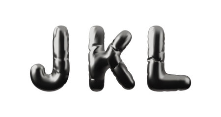 3D English alphabet uppercase letters J K L from black inflated balloon vector icon set, metallic Latin font type symbolのイラスト素材