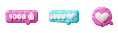 Heart and thumbs up, follower amount symbol in inflated balloon speech bubble 3D vector set, social...