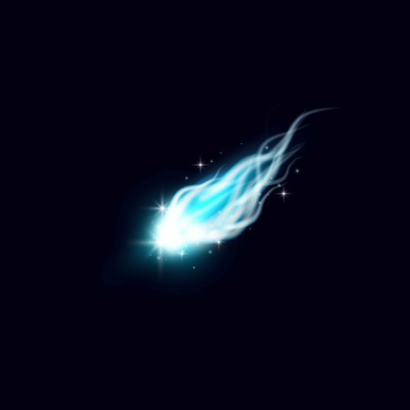 Falling asteroid or comet with fire tail and sparkles, realistic vector flying meteorite in space, blue wavy light trailのイラスト素材