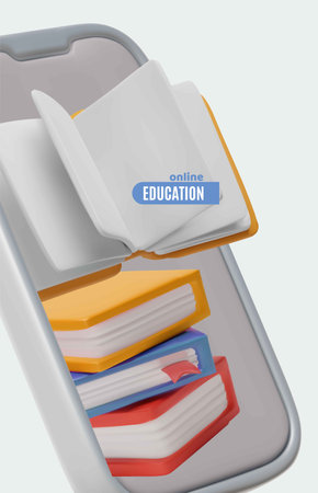 Online education 3D style poster vector advertising design, books, literature in smartphone screen,...