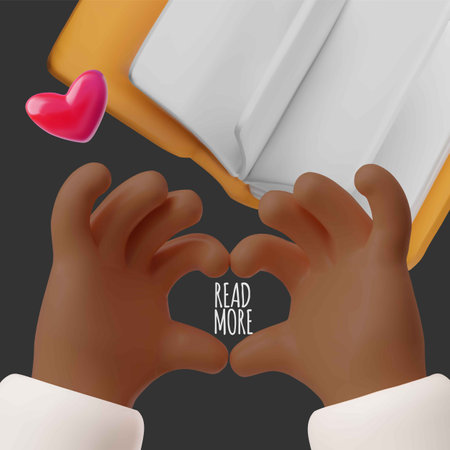 3D poster of an open book with dark skinned hands forming a heart.のイラスト素材
