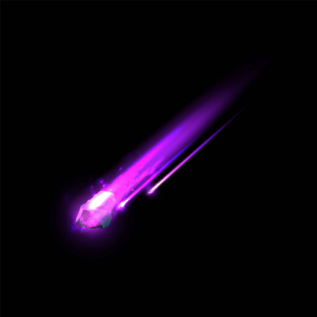 Falling asteroid comet with purple light fire trail, realistic vector high speed flying meteorite in...