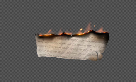 Paper letter burning realistic vector, flaming torn page scrap with notes text or document sheet with fire and black ashのイラスト素材