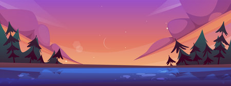 Lake shore with forest horizon landscape vector illustration, sky with clouds and sunset, nature background Anime styleのイラスト素材