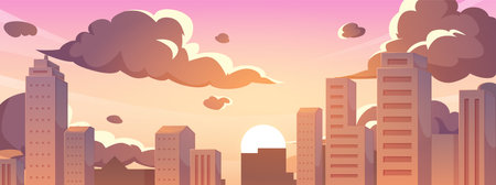Sunset or sunrise over city, silhouettes of buildings and skyscrapers in the light of sun vector cityscape Anime styleのイラスト素材