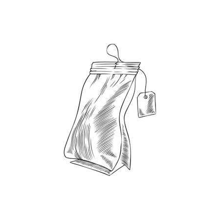Tea bag with tag on a rope vector hand drawn engraved illustration, kraft packet closed bag package for brewing beverageのイラスト素材