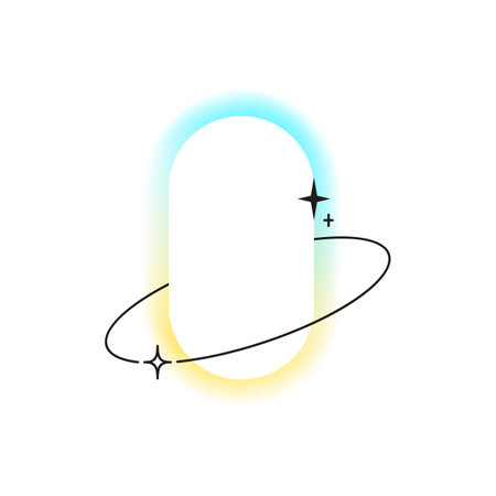 Minimalist Y2K aesthetic line art ring on yellow blue blurred gradient border, vector Boho frame with stars and sparklesのイラスト素材