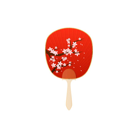 Vintage Japanese and Chinese hand fan decorated Sakura flowers flat vector icon, red paper accessory for air coolingのイラスト素材
