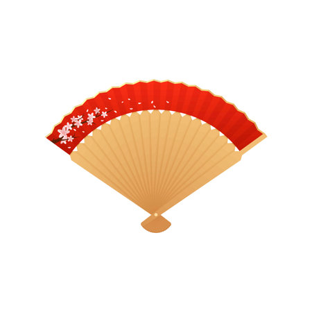 Vintage Japanese and Chinese folding hand fan decorated Sakura flowers vector icon, open bamboo and red paper accessoryのイラスト素材