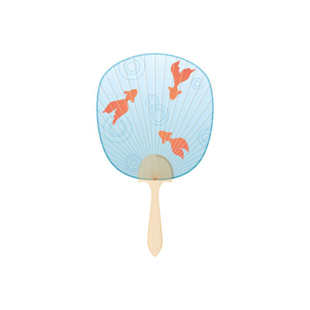 Vintage Japanese and Chinese hand fan decorated koi carp fishes and water drops flat vector icon, blue paper accessoryのイラスト素材
