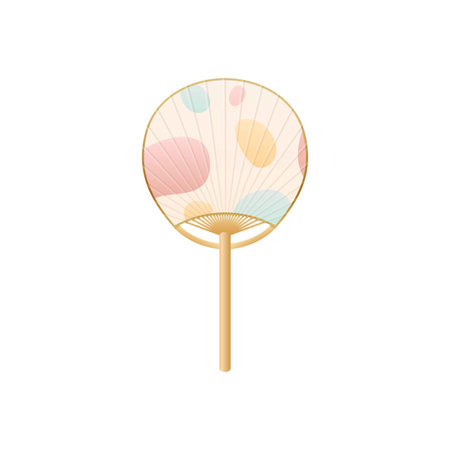 Vintage Japanese and Chinese hand fan decorated rounded pattern flat vector icon, bamboo and paper accessory air coolingのイラスト素材
