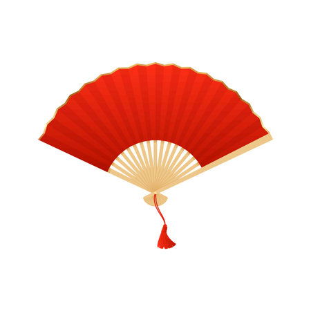 Folding bamboo fan in red with a tassel on the handle.のイラスト素材