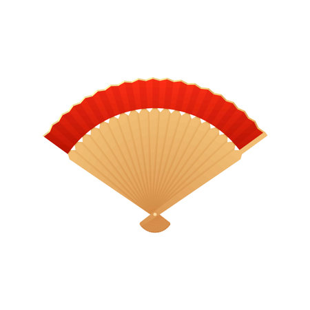 Vintage Japanese, Chinese folding hand fan flat vector icon, Asian uchiwa bamboo and red paper accessory for air coolingのイラスト素材