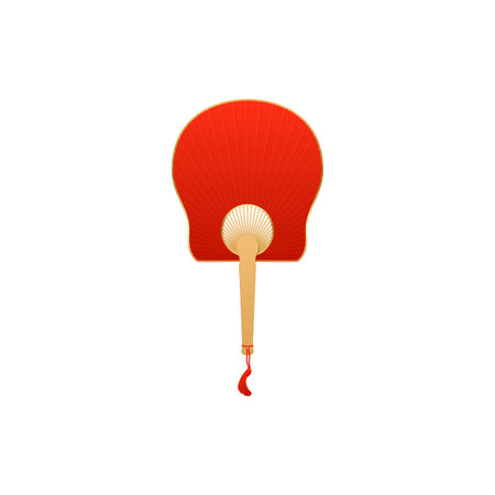 Vintage Japanese and Chinese hand fan decorated with tassel flat vector icon, bamboo and red paper accessory air coolingのイラスト素材